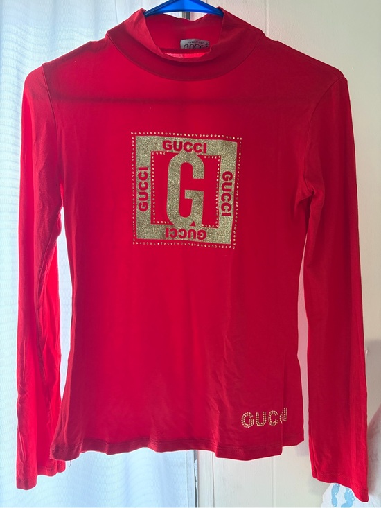 Gucci Tops - Gucci Red Long Sleeve Tee with Gold Logo Embellishment EUC